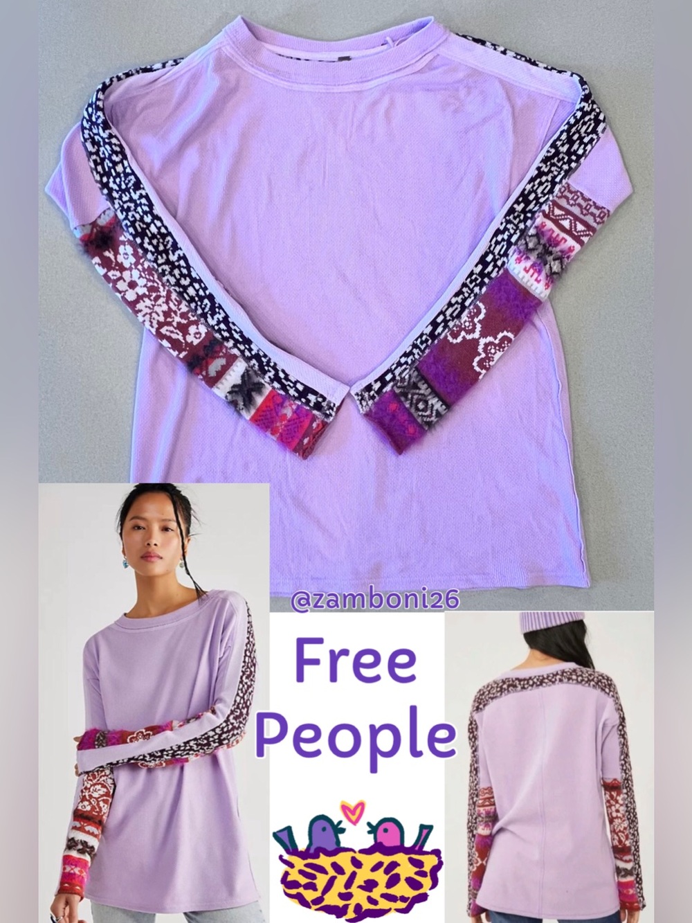 Free People Petal Lilac On My Way Thermal Top Patterned Sleeve Medium